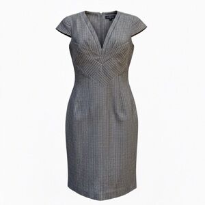 Suzy Shier Grey Pleated Bodice V Neck Pin Stripe Fitted Dress Size Small